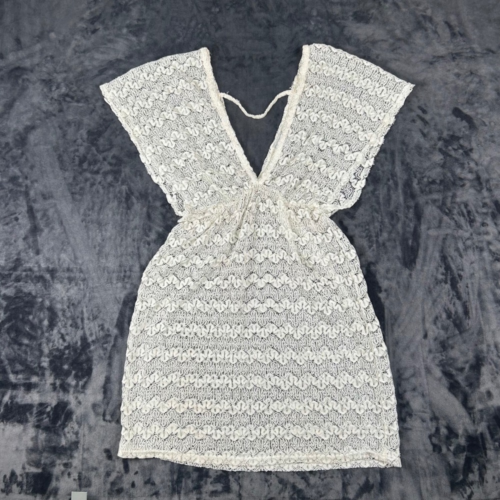 Elif Swim Cover Up Dress Womens Large White Lace Crochet V-Neck LS-716